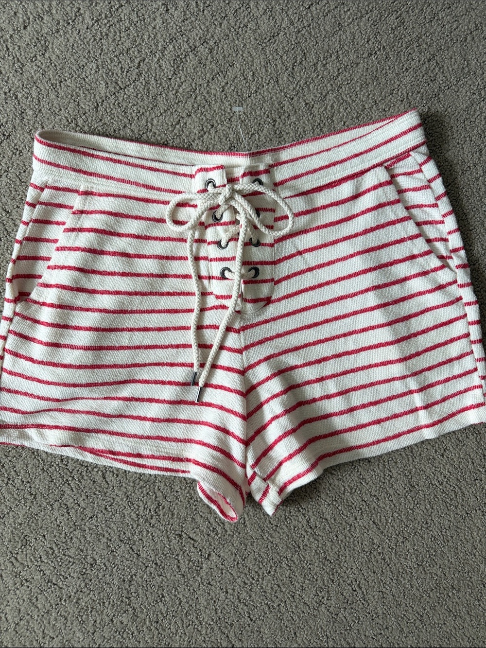 aerie Red and White Striped Lace-Up Knit Shorts